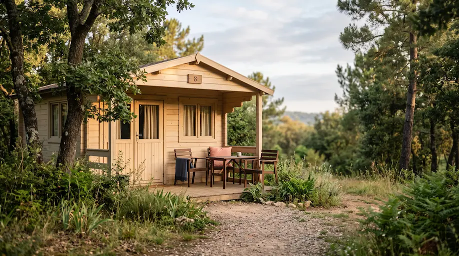 Alojamiento turístico rodeado de naturaleza con espacios exteriores para una estancia tranquila.