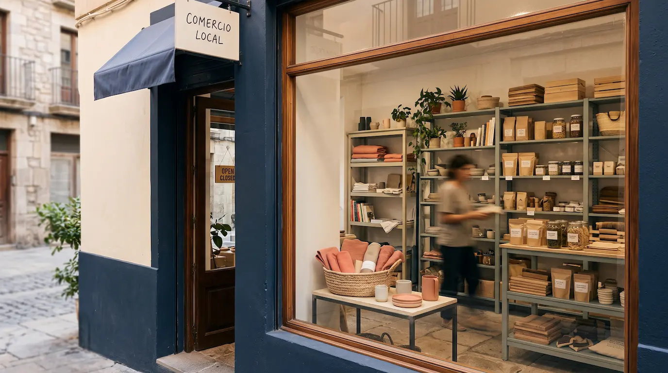 Escaparate y espacio de una tienda local con productos organizados para facilitar la compra.